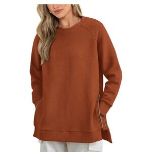 SimpleFun Womens Rust Orange Ribbed Side Zip Crewneck Sweatshirt‎ Pullover NEW